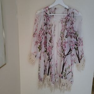 Boho style cover-up layer with fringe pink and brown floral size large